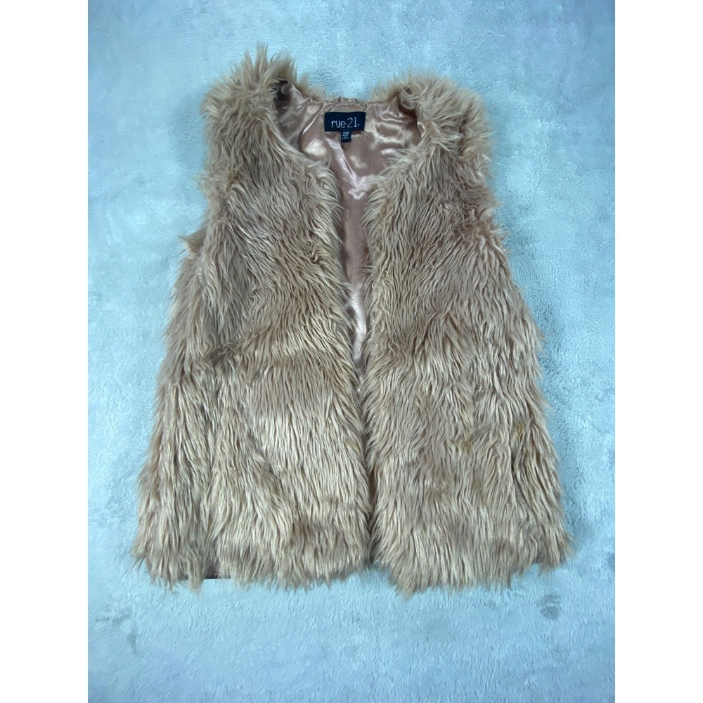 Rue 21 Vest Womens S/M Beige Faux Fur Open Front Round Neck Cozy Street Wear